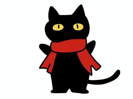 赤いマフラーをした黒猫 黒猫,キャラクター,マフラー,かわいい,ゆるい,冬,防寒,ワンポイント,挿絵,背景透過のイラスト素材