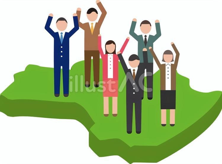 福島県の地図上に立つ会社員のイラスト 女性,人物,かわいいのイラスト素材
