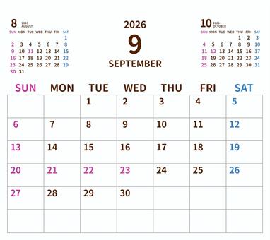 2026年シンプルカレンダー9月／卓上 2026年カレンダー,カレンダー,2026,令和8年,月間カレンダー,シンプル,透過,オリジナル,自作,かわいいのイラスト素材