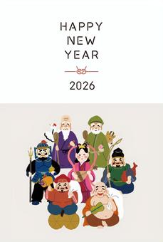 2026年賀状＿七福神＿縦1 年賀状,年賀はがき,七福神,恵比寿,大黒天,毘沙門天,弁財天,布袋,福禄寿,寿老人のイラスト素材