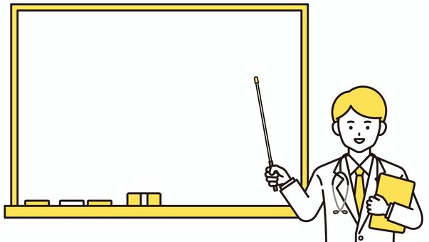 黒板前の男性医師（黄色） 医者,黒板,説明,指し棒,解説,紹介,看護師,医療,男性,白衣のイラスト素材