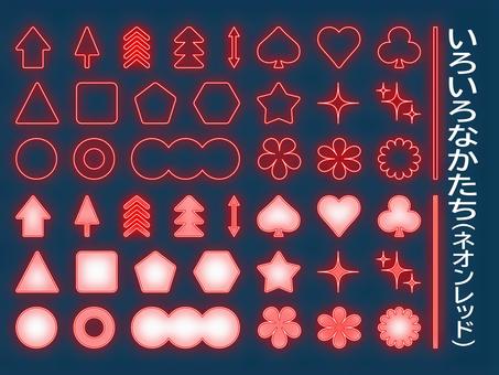 いろいろなかたち　ネオンレッド 図形,タグ,レッド,ネオン,セット,ハート,星,矢印,スペード,シンプルのイラスト素材