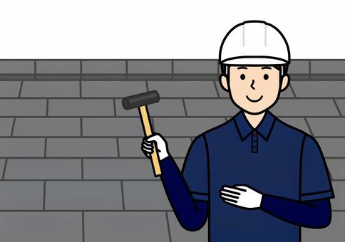 ストレート屋根と金槌を持った屋根職人男性 ストレート,屋根,屋根職人,屋根葺き,職人,リフォーム,修繕,雨漏り,瓦,葺き替えのイラスト素材