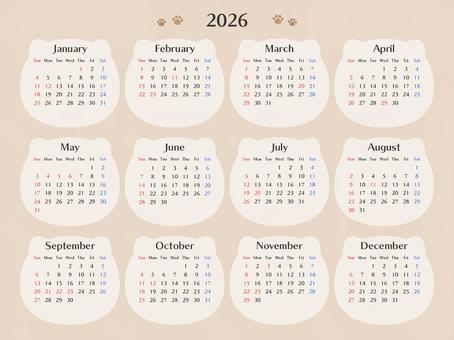 カレンダー2026：ネコフレーム カレンダー,暦,2026年,2026,令和8年,１年,12か月,年間,日曜始まり,ネコのイラスト素材