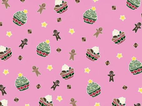 クリスマス カップケーキ（ピンク）背景 クリスマス,カップケーキ,冬,星,お菓子,かわいい,クッキー,ジンジャーブレットマン,人型,リボンのイラスト素材