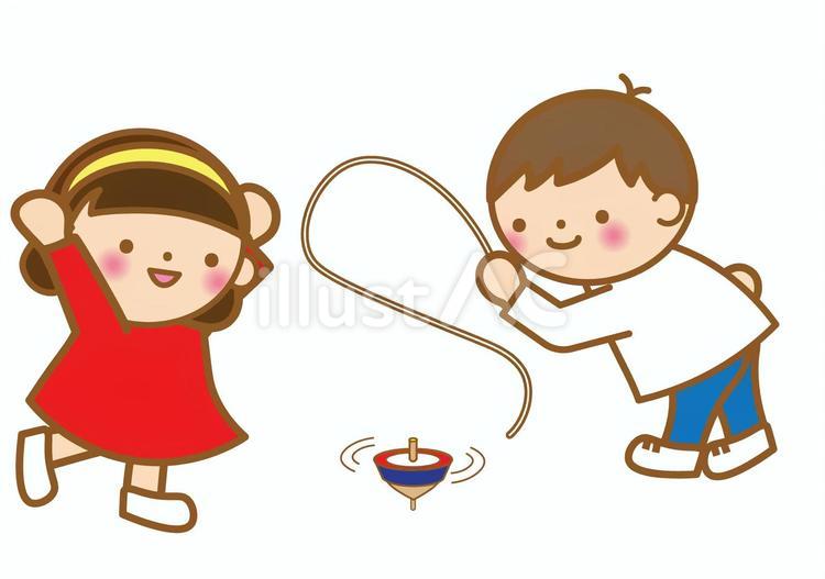 独楽まわしをする子供達 こま,独楽まわし,遊びのイラスト素材