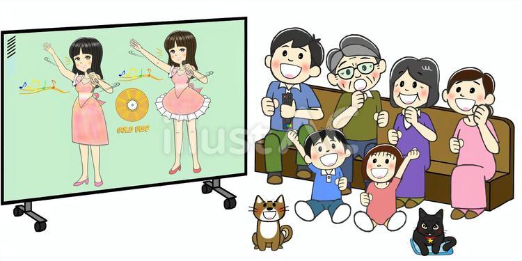 家族とペットでTVの歌謡ショーを鑑賞 テレビ,tv,ビデオのイラスト素材