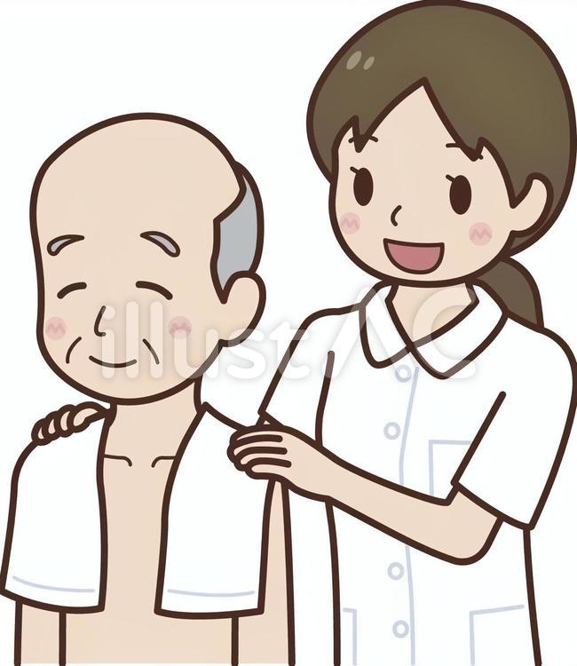 お年寄りの体をタオルで拭く看護師 看護師,女性,入浴介助のイラスト素材