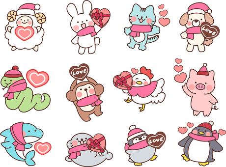 ゆるい動物セット(バレンタイン) ゆるい,動物,生き物,可愛い,パステル,ひつじ,うさぎ,ねこ,犬,蛇のイラスト素材
