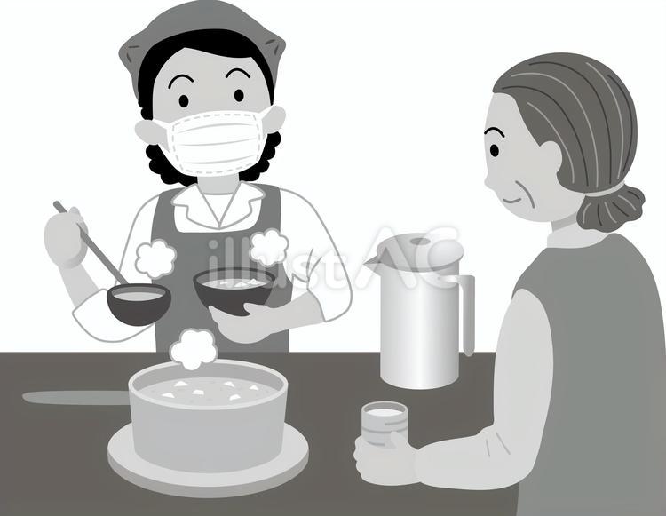 介護施設の食堂調理スタッフと利用者 1色 介護,福祉,介助のイラスト素材