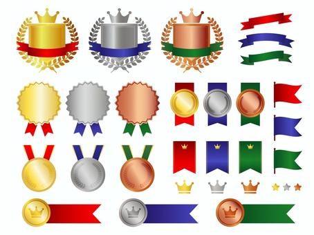 金・銀・銅メダルとリボンの汎用エンブレム 金・銀・銅メダルとリボンの汎用エンブレム メダル,エンブレム,バッジ,表彰,金,銀,銅,トロフィー,王冠,優勝のイラスト素材