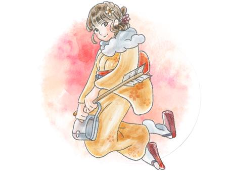 水彩風・着物姿に破魔矢を持った女性