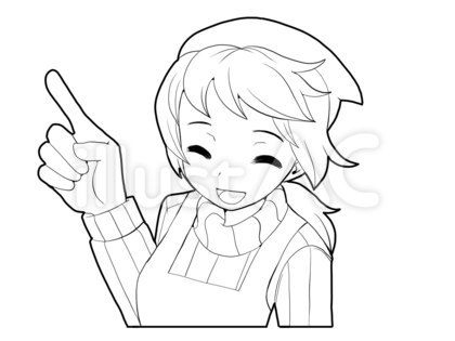 【白黒】指をさすエプロン姿の女性【線画】