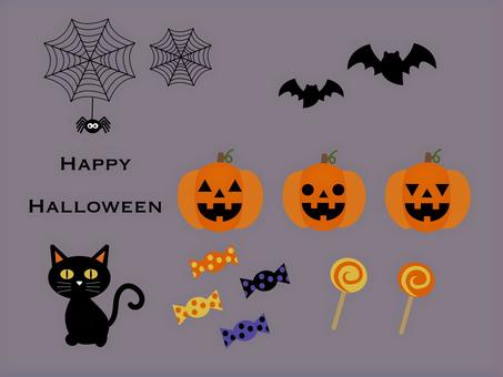 ハロウィーンモチーフのイラストセット ハロウィーンモチーフのイラストセット ハロウィン,10月,秋,イベント,ジャックオーランタン,かぼちゃ,こうもり,黒猫,くもの巣,キャンディーのイラスト素材
