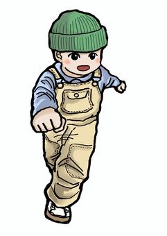 走るオーバーオールの男の子 オーバーオール,男の子,少年,可愛い,走る,かけっこ,ニット帽のイラスト素材