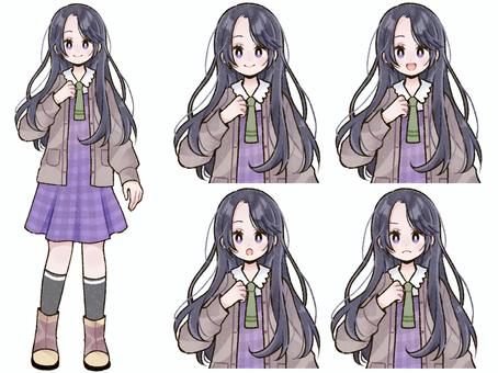 秋の制服少女 立ち絵・表情セット 女の子,女子高生,学生,制服,立ち絵,バストアップ,表情差分,セット,秋,季節のイラスト素材