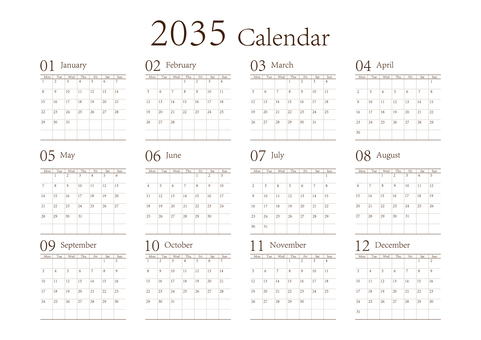 月曜始まりの年間カレンダー2035年A4 月曜始まり,カレンダー,2035,2035年カレンダー,年間,1年,1月,2月,3月,4月のイラスト素材