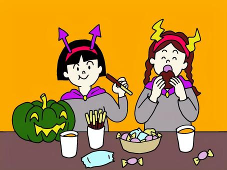ハロウィンパーティー ハロウィン,パーティー,女子会,子供,女の子,友達,カボチャ,お菓子,スウィーツ,仲良しのイラスト素材