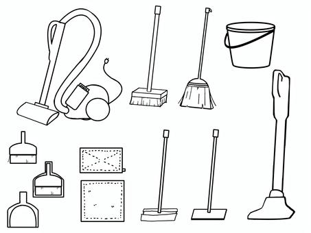 シンプルな掃除道具の塗り絵セット 掃除,塗り絵,線画,掃除機,ちりとり,ほうき,ブラシ,雑巾,バケツ,コートレスクリーナーのイラスト素材