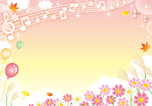 秋桜とすすきのふんわり秋音楽カード 秋,秋桜,花,キラキラ,フレーム,背景,カード,壁紙,コスモス,空のイラスト素材