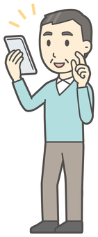 スマホを操作しているニットの中年の男性 タップ,おじさん,男性,中年,お父さん,パパ,シニア,ミドルエイジ,人,おじいさんのイラスト素材