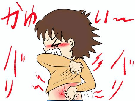 背中がかゆくてひどくかきむしる 痒い,女性,女の子,背中,蕁麻疹,アトピー,搔きむしるのイラスト素材