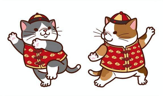 カンフー猫ちゃん カンフー猫ちゃん 猫,カンフー,中華帽子,面白い,三毛,ハチワレのイラスト素材