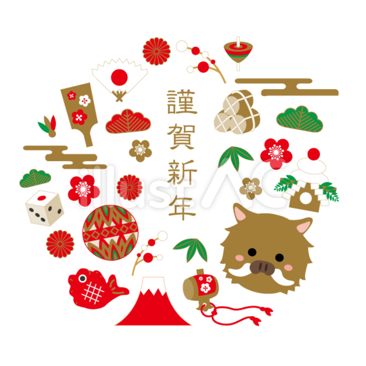 正月小物サークル（金・赤・緑）いのしし 年賀状,2019,2019年のイラスト素材