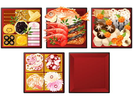 おせち料理（五段重） おせち料理,お正月,行事食,和食,料理,食べ物,冬,お祝い,かまぼこ,栗きんとんのイラスト素材