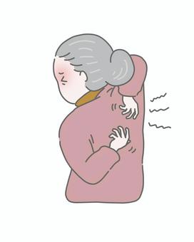 乾燥肌で背中をかゆがるおばあさん かゆみ,痒い,乾燥肌,肌荒れ,皮膚炎,湿疹,皮膚病,体質,病気,体調不良のイラスト素材