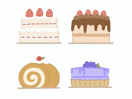 かわいいケーキセット ケーキ,ショートケーキ,チョコレートケーキ,ロールケーキ,ブルーベリーケーキ,ホールケーキ,スイーツ,お菓子,洋菓子,デザートのイラスト素材