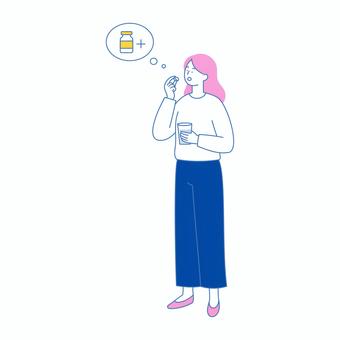 薬を飲む女性の医療イラスト 人物,女性,薬,服薬,医療,薬剤,コップ,健康,ヘルスケア,体調のイラスト素材