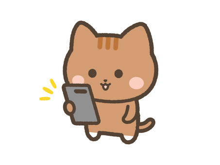 スマホを眺めるねこ（茶トラ） ねこ,スマホ,見る,気付く,眺める,携帯,スマートフォン,日常,表情,かわいいのイラスト素材