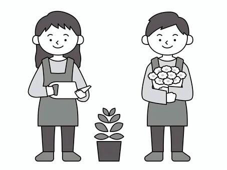 お花屋さんで働く男の子と女の子、モノクロ 働く,男性,女性,植物,花,葉,ブーケ,花束,観葉植物,鉢植えのイラスト素材