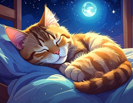月明かりの中で眠る猫