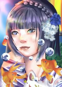 女性イラスト 女性,浴衣,金魚,三つ編み,髪飾りのイラスト素材