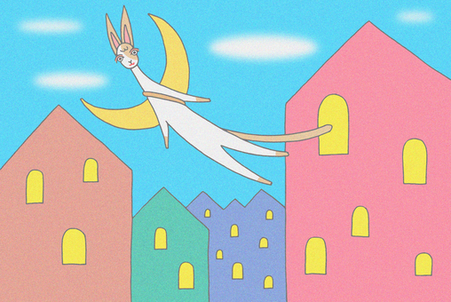 街中を飛び交う猫 猫,街,家屋,青空,晴天,雲,飛行,動物,メルヘン,ファンタジーのイラスト素材