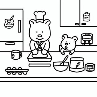 塗り絵５ クッキングするクマの親子 塗り絵,クッキング,料理,クマ,シンプル,かわいい,親子,タイマー,コック,帽子のイラスト素材