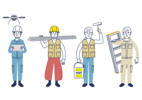 現場のお仕事 現場,作業服,男性,人物,仕事,ドローン,鉄骨,塗装,脚立,ヘルメットのイラスト素材