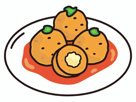 イタリアの名物料理アランチーニ アランチーニ,ライスコロッケ,イタリアン,イタリア料理,シチリア,揚げ物,サクサク,チーズ,トマトソース,おやつのイラスト素材