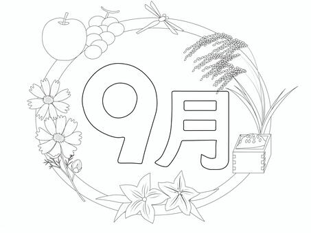 ９月タイトル　線画　塗り絵用 ９月,文字,線画,塗り絵用,コスモス,桔梗,稲穂,升,米,とんぼのイラスト素材