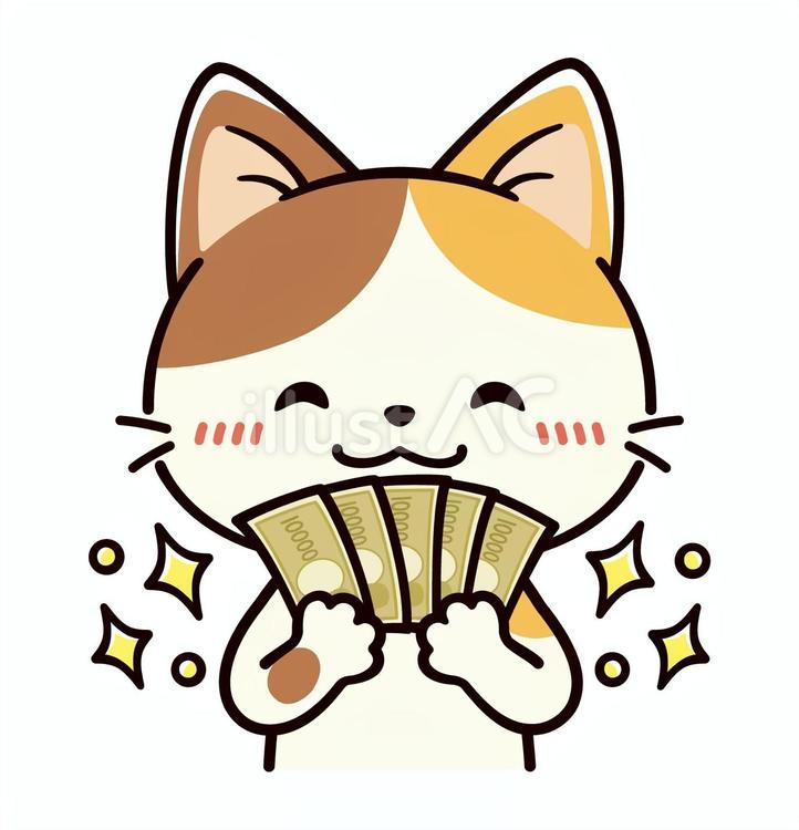 一万円札を数えて嬉しそうな可愛い三毛猫 お金,猫,ボーナスのイラスト素材