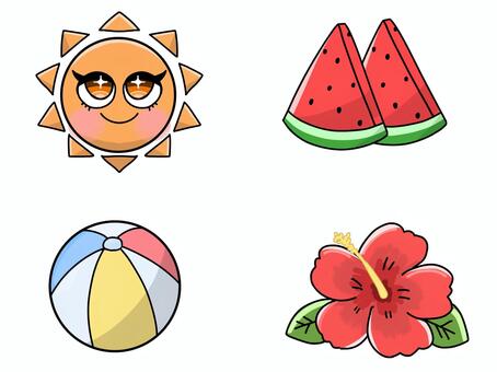 手描き風の夏イラストセット 夏,太陽,スイカ,ビーチボール,ハイビスカス,セット,手描き,かわいいのイラスト素材