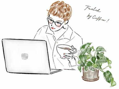 PC仕事中のショートヘア女性　植物　眼鏡 女性,仕事,植物,コーヒー,めがね,シャツ,ショートヘア,ベリーショート,ポトス,観葉植物のイラスト素材