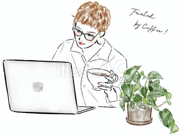 PC仕事中のショートヘア女性　植物　眼鏡 女性,仕事,植物のイラスト素材