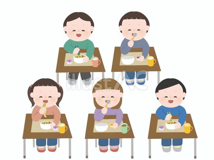 給食を食べる子どもたちのイラスト 給食,学校,昼食のイラスト素材