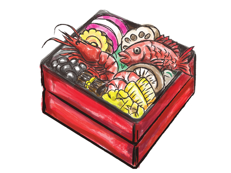 お正月　おせち料理筆描き風　カラー お正月,賀正,御節,カラー,手描き,筆,墨,食べ物,お祝い,お供えのイラスト素材