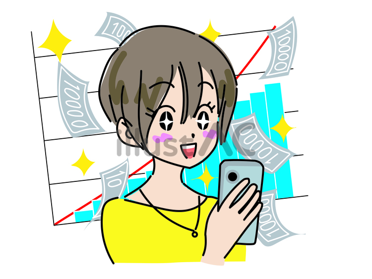 資産が増えて喜ぶ女性（投資・グラフ） 女性,投資,お金のイラスト素材