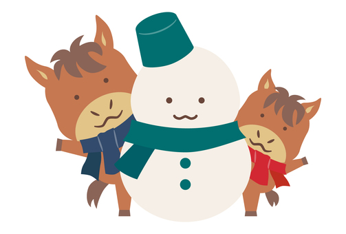 馬の親子_ひょっこり  馬,午年,年賀状素材,親子,雪だるま,冬,仔馬,干支,十二支,かわいいのイラスト素材