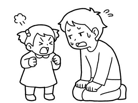 【白黒】娘に怒られた【線画】 親子,癇癪,怒る,育児,子育て,汗,父,娘,短気,白黒のイラスト素材